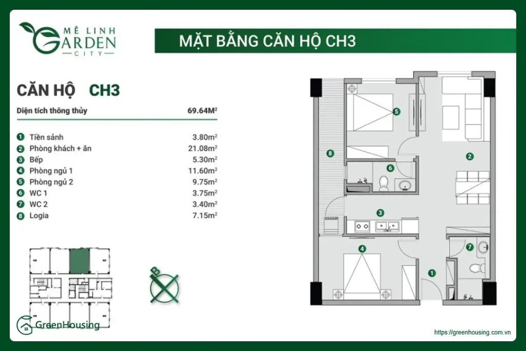 Mặt bằng căn hộ điển hình dự án Mê Linh Garden City